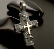 Detailed view of the 14k gold shield on a small oxidized silver cross, unique artisan spiritual jewelry