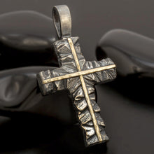 Handmade sterling silver cross pendant with a solid 14k gold inlay embedded in the center, model 167