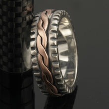 Sterling Silver Mens Ring: Handmade Braided Weave Band Copper Accent Ring RS-1277