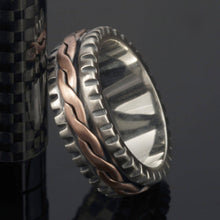 Sterling Silver Mens Ring: Handmade Braided Weave Band Copper Accent Ring RS-1277
