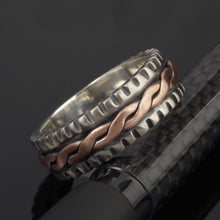 Sterling Silver Mens Ring: Handmade Braided Weave Band Copper Accent Ring RS-1277