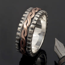 Sterling Silver Mens Ring: Handmade Braided Weave Band Copper Accent Ring RS-1277