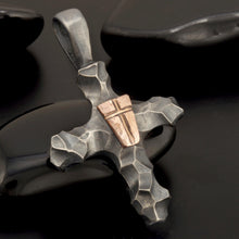 Copper Shield Cross Pendant | Sterling Silver Christian Necklace for Men | Handmade Rustic Cross P-158