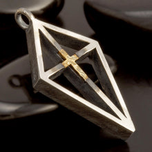 Modern geometric sterling silver diamond frame pendant with a solid 14k gold cross center