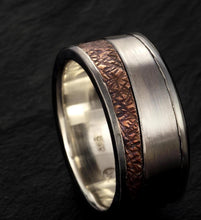 Profile view of the mixed metal band, showing the seamless transition between copper and silver