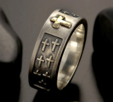 Sterling Silver & 14K Gold Cross Ring: Men's Wedding Band RS-1414