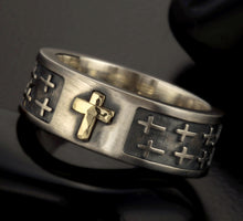 Sterling Silver & 14K Gold Cross Ring: Men's Wedding Band RS-1414