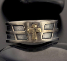 Two Tone Cross Ring, Sterling Silver & 14K Gold Ring, Men's Cross Band, Christian Wedding Ring, Rustic Unisex Ring RS-1412