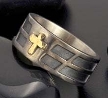 Two Tone Cross Ring, Sterling Silver & 14K Gold Ring, Men's Cross Band, Christian Wedding Ring, Rustic Unisex Ring RS-1412