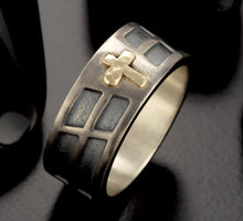 Two Tone Cross Ring, Sterling Silver & 14K Gold Ring, Men's Cross Band, Christian Wedding Ring, Rustic Unisex Ring RS-1412