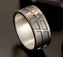 Two Tone Cross Ring, Sterling Silver & 14K Gold Ring, Men's Cross Band, Christian Wedding Ring, Rustic Unisex Ring RS-1412