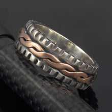 Sterling Silver Mens Ring: Handmade Braided Weave Band Copper Accent Ring RS-1277