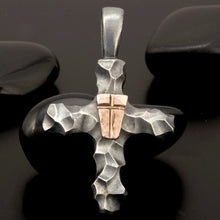 Copper Shield Cross Pendant | Sterling Silver Christian Necklace for Men | Handmade Rustic Cross P-158