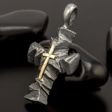 Sterling Silver Cross Pendant with Solid 14K Gold Cross, Men's Christian Necklace, Handmade Religious Gift - P-163