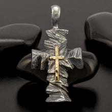 Sterling Silver Cross Pendant with Solid 14K Gold Cross, Men's Christian Necklace, Handmade Religious Gift - P-163