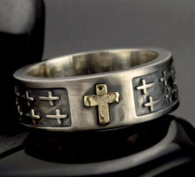 Sterling Silver & 14K Gold Cross Ring: Men's Wedding Band RS-1414