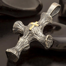 Mens Sterling Silver & 14K Gold Cross Pendant - Handmade P-172