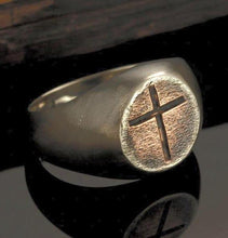 Man Cross Signet Ring, Mens Jewelry, Rustic Hammered Band, Mens Gift - RS-1223-A