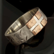 Men's Sterling Silver Copper Cross Band: 8mm Wedding Religious Ring - RS-1240