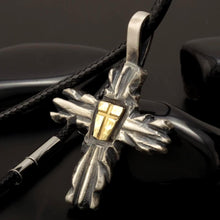 Handmade sterling silver shield pendant with two options: a Solid 14K Gold center or a Copper center, both with an engraved cross