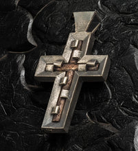 Minimalist mixed metal cross pendant with a silver frame and 3mm copper rod center, model 170