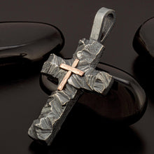 Handcrafted rustic sterling silver cross pendant with pure copper inlay, ancient style religious jewelry.