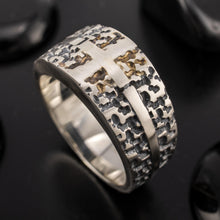 Front view of RS-1423 mens cross ring, featuring a rugged sterling silver texture with fused 14k gold accents, handcrafted in a Viking brutalist style