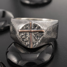 Mens Cross Signet Ring, Sterling Silver & Copper Ring, Christian Ring for Men, Rustic Handmade Band, Viking Cross Ring RS-1425
