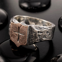 Side profile of the RS-1424 tapered signet ring, emphasizing the substantial thickness and handcrafted metalwork.