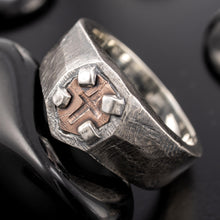 Cross Signet Ring for Men, Sterling Silver & Copper Shield Ring, Viking Christian Ring, Brutalist Mens Jewelry, Handmade RS-1427