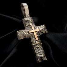 Artisan Christian cross necklace with copper accent, rustic handmade jewelry for men.
