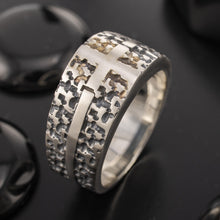 Mens Viking Cross Ring: 14K Gold & Sterling Silver Band, Rustic Fused Gold Texture, Brutalist Artisan Jewelry, -RS-1423