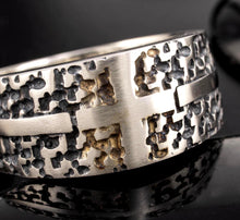 Mens Viking Cross Ring: 14K Gold & Sterling Silver Band, Rustic Fused Gold Texture, Brutalist Artisan Jewelry, -RS-1423
