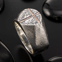 Angled shot showcasing the 3D copper cross and the heavily hammered texture of the RS-1425 band.