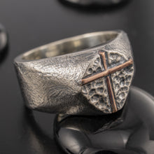 Mens Cross Signet Ring, Sterling Silver & Copper Ring, Christian Ring for Men, Rustic Handmade Band, Viking Cross Ring RS-1425