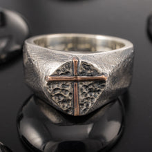 Mens Cross Signet Ring, Sterling Silver & Copper Ring, Christian Ring for Men, Rustic Handmade Band, Viking Cross Ring RS-1425