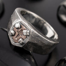 Side view of the RS-1427 ring, highlighting the deep rugged texture and the contrast between copper and silver.