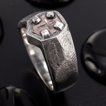 Top view of RS-1427 mens signet ring, showcasing the copper shield with an engraved cross on a silver band.