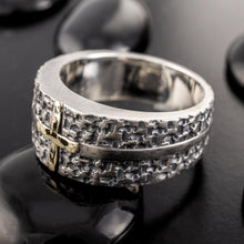 The unique religious two-tone ring displayed in a premium jewelry gift box, ready for a wedding or anniversary gift.