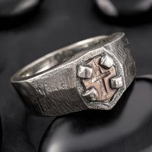 Cross Signet Ring for Men, Sterling Silver & Copper Shield Ring, Viking Christian Ring, Brutalist Mens Jewelry, Handmade RS-1427