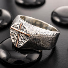 Mens Cross Signet Ring, Sterling Silver & Copper Ring, Christian Ring for Men, Rustic Handmade Band, Viking Cross Ring RS-1425