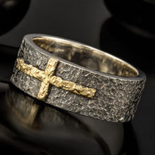 Men's Cross Ring Sterling Silver & 14K Gold | Rustic Christian Wedding Band | Handmade Ring RS-1205-A
