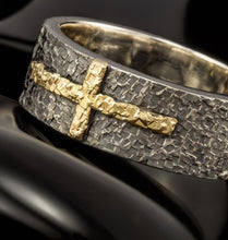 Men's Cross Ring Sterling Silver & 14K Gold | Rustic Christian Wedding Band | Handmade Ring RS-1205-A