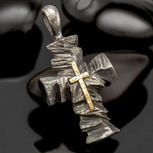 Sterling Silver Cross Pendant with Solid 14K Gold Cross, Men's Christian Necklace, Handmade Religious Gift - P-163