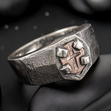 Cross Signet Ring for Men, Sterling Silver & Copper Shield Ring, Viking Christian Ring, Brutalist Mens Jewelry, Handmade RS-1427