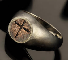Sterling Silver Copper Cross Signet Ring, Rustic Christian Faith Band, Artisan Jewelry Him RS-1223-A