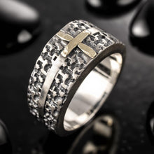 Two Tone Men's Cross Ring in Sterling Silver and 14K Solid Gold, Textured Christian Wedding Band, Unique Religious Gift for Him RS-1428