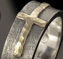Mens Cross Ring, Sterling Silver & 14K Gold Christian Wedding Band, RS-1205