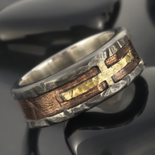 Mens Cross Ring, Sterling Silver Copper & 14K Gold, Christian Ring, RS-1417