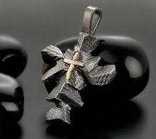 Large Mens Cross Pendant, Sterling Silver & 14K Gold, Rustic Cross, P-119